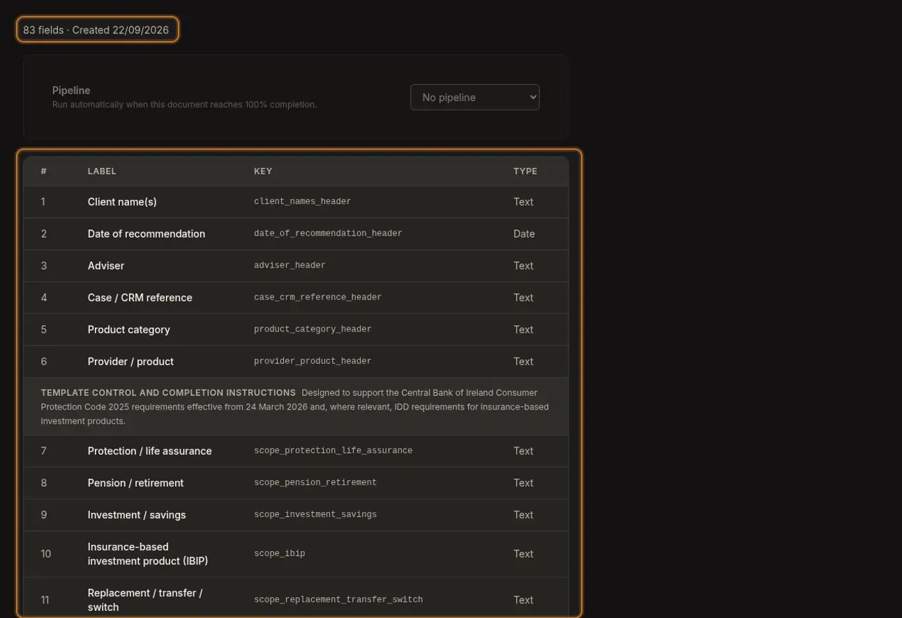 Doction Templates page showing an uploaded document turned into a template of 83 fields, each with a label, a key and a type.